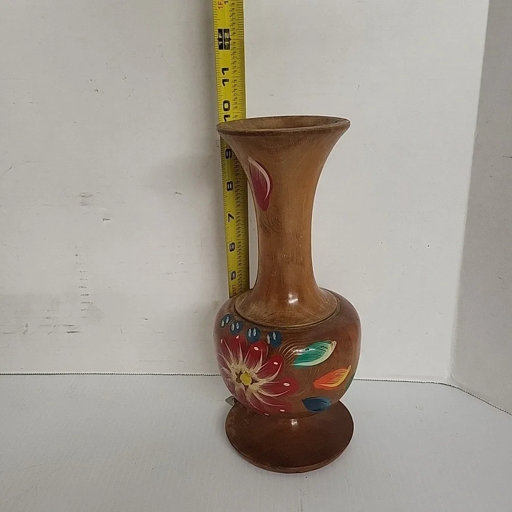 Wood Flower Vase Hand Carved Hand Turned Mexico 10” Brown Floral Painted